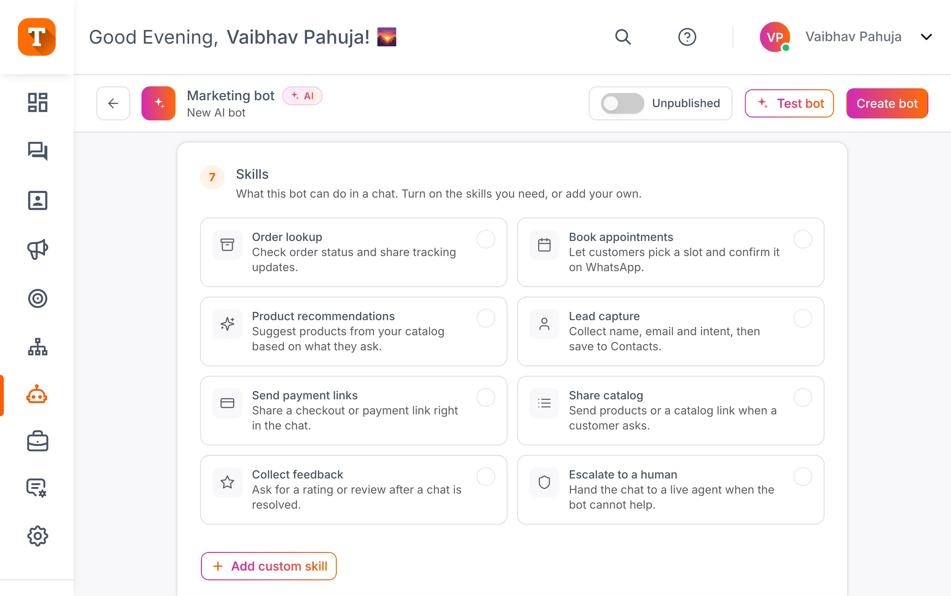 Agentic AI WhatsApp bot builder in Transket with order lookup, lead capture, and appointment booking skills