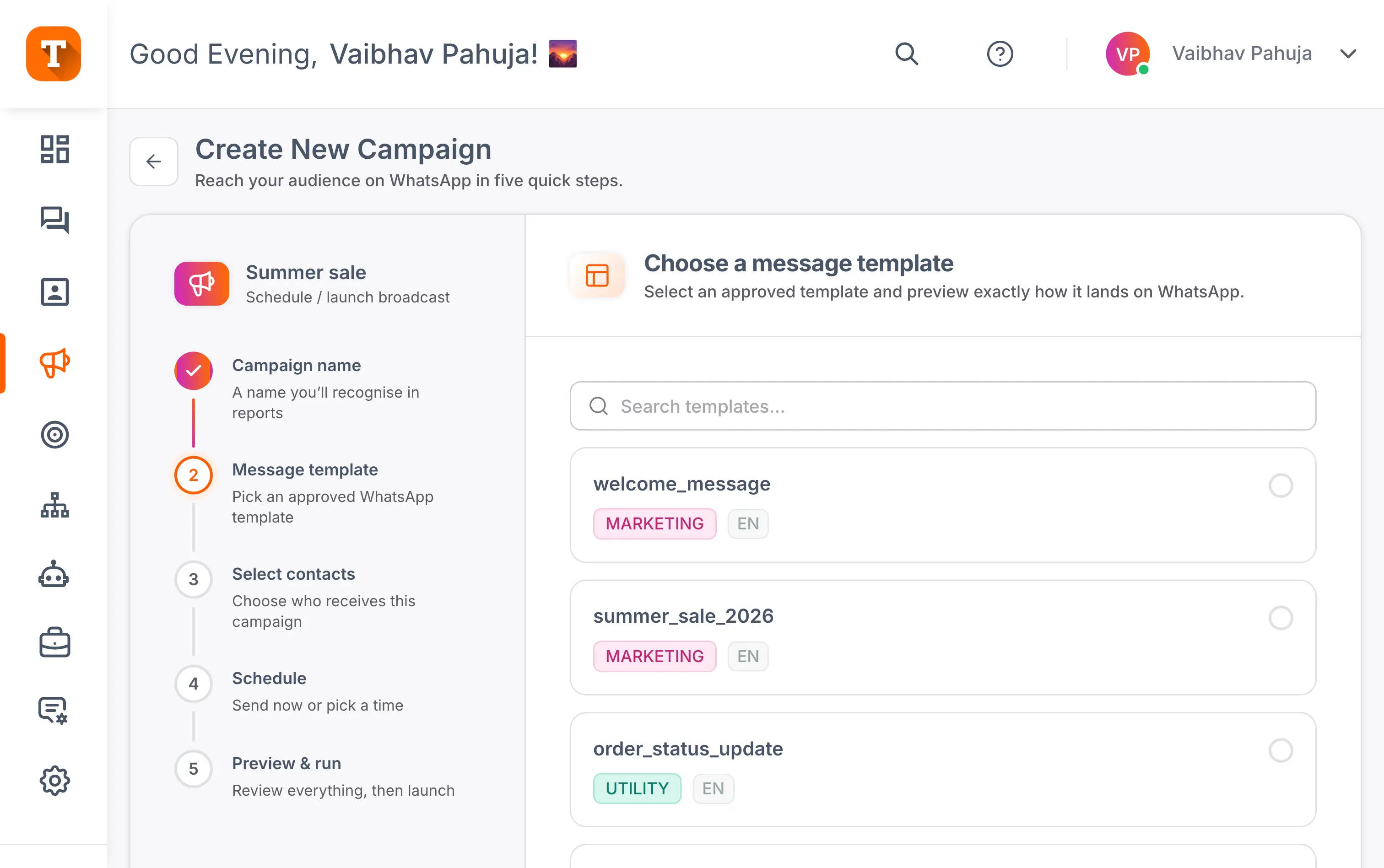 Bulk WhatsApp campaign builder in Transket with approved WhatsApp message templates and scheduling