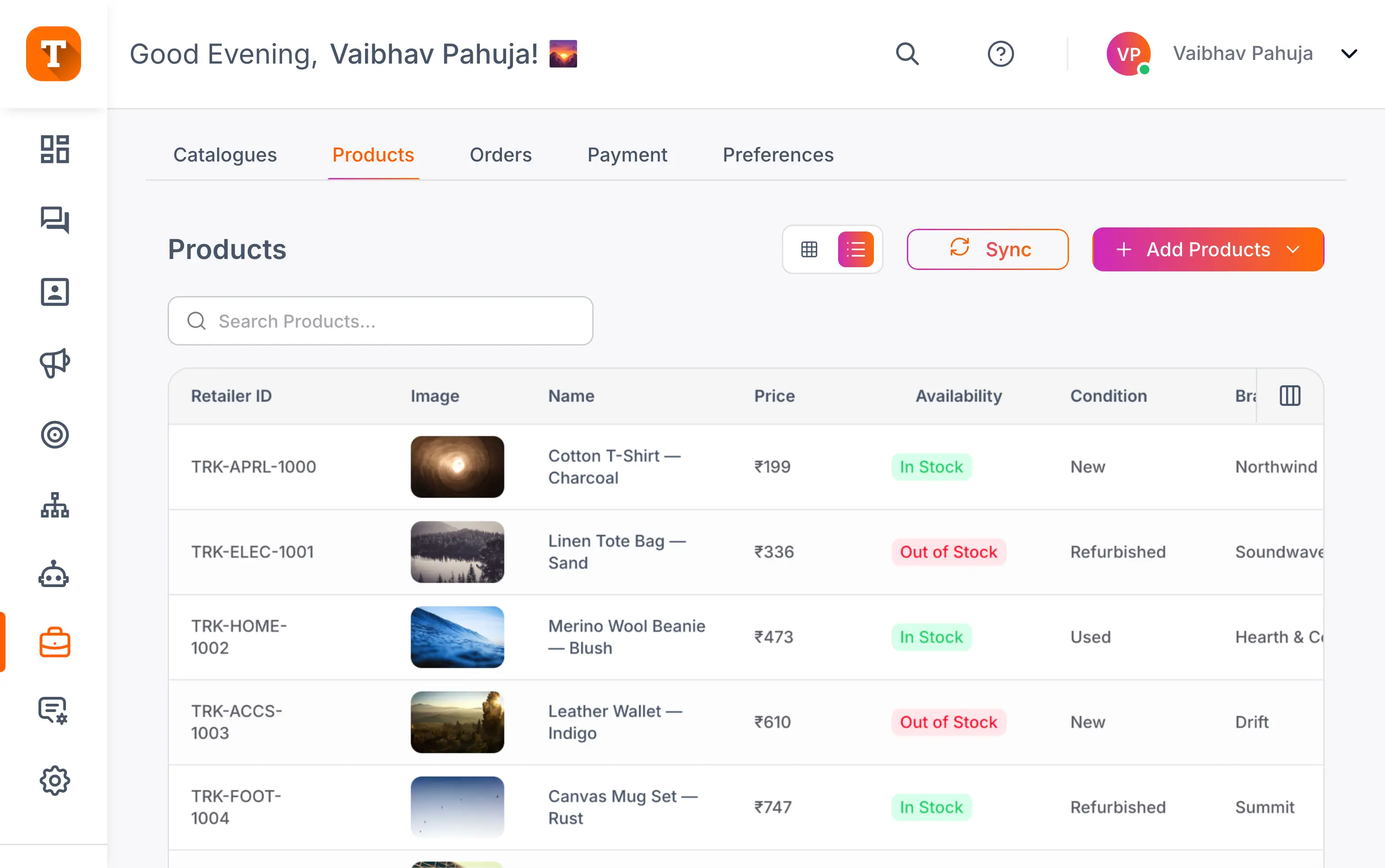 WhatsApp commerce dashboard in Transket with a synced product catalog, prices, and stock availability