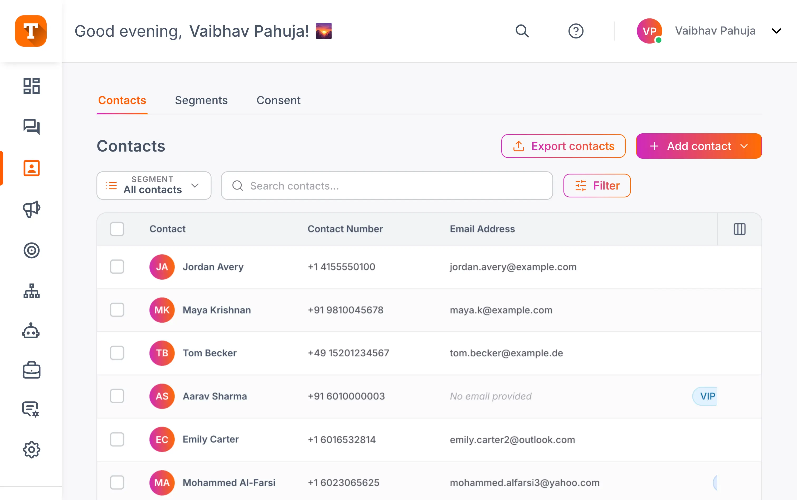 WhatsApp contact management in Transket with segments and consent status for every contact