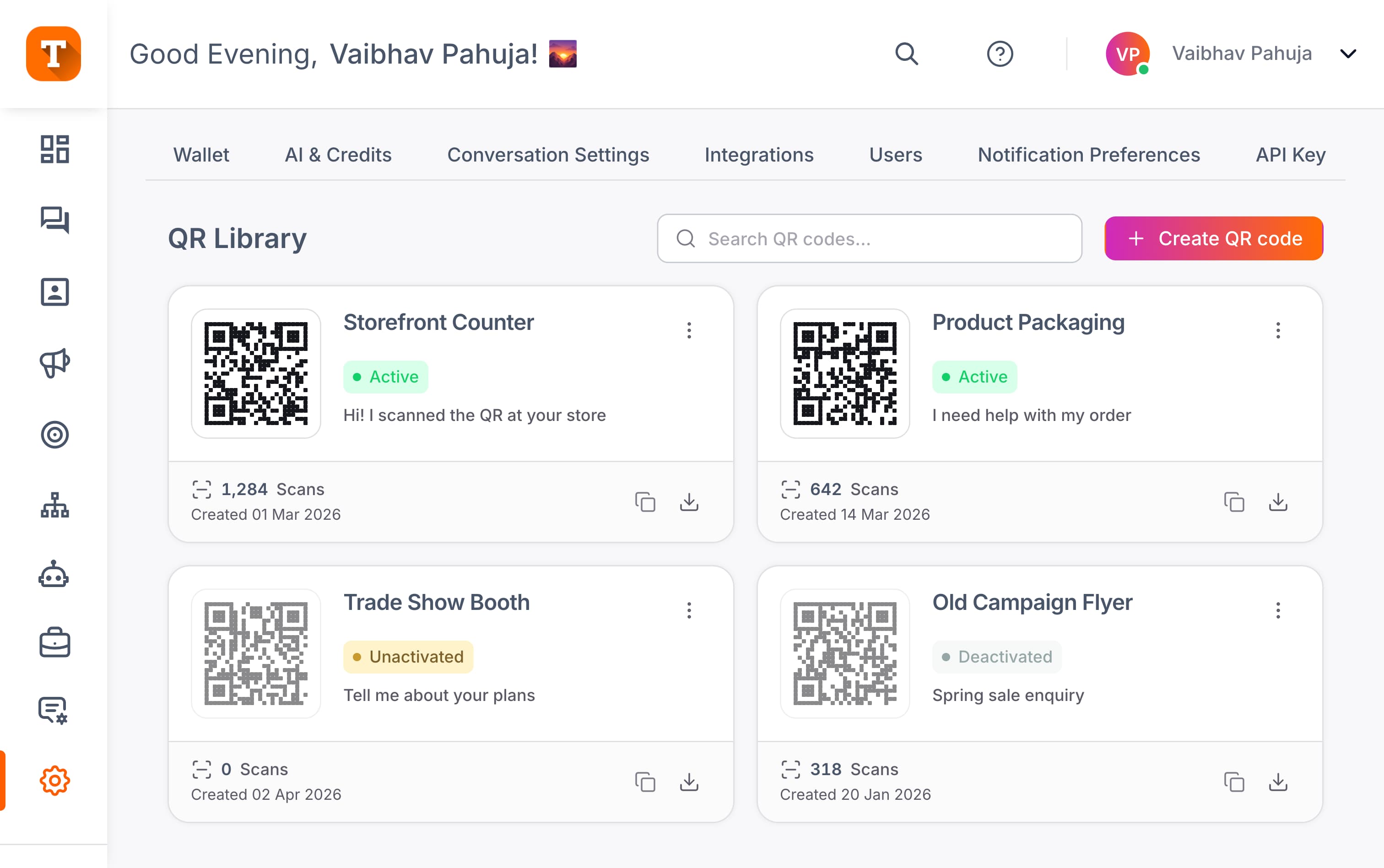 WhatsApp QR code generator and library in Transket with scan tracking for stores, packaging, and events
