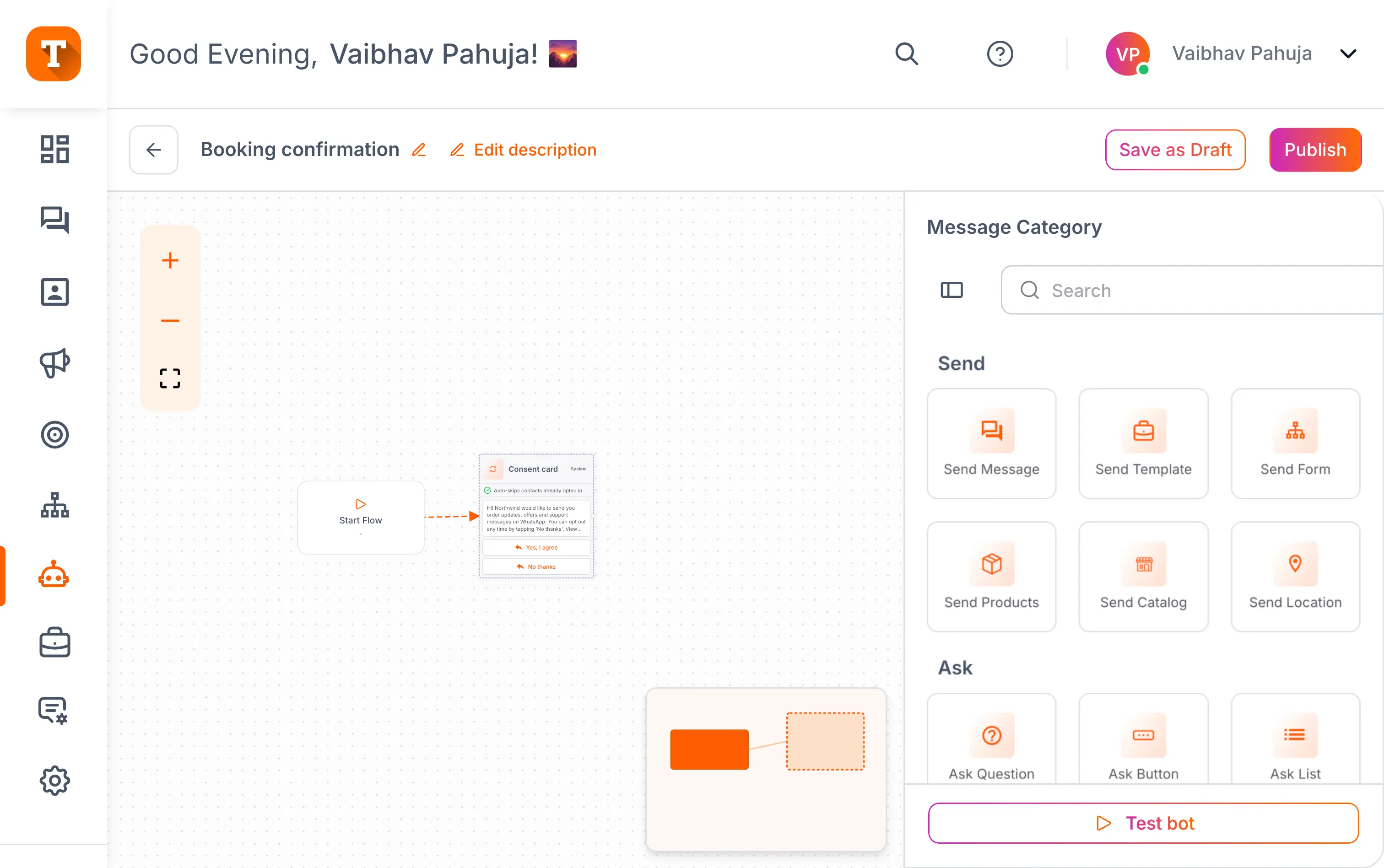 No-code WhatsApp flow builder in Transket with drag-and-drop chatbot steps and a built-in consent card