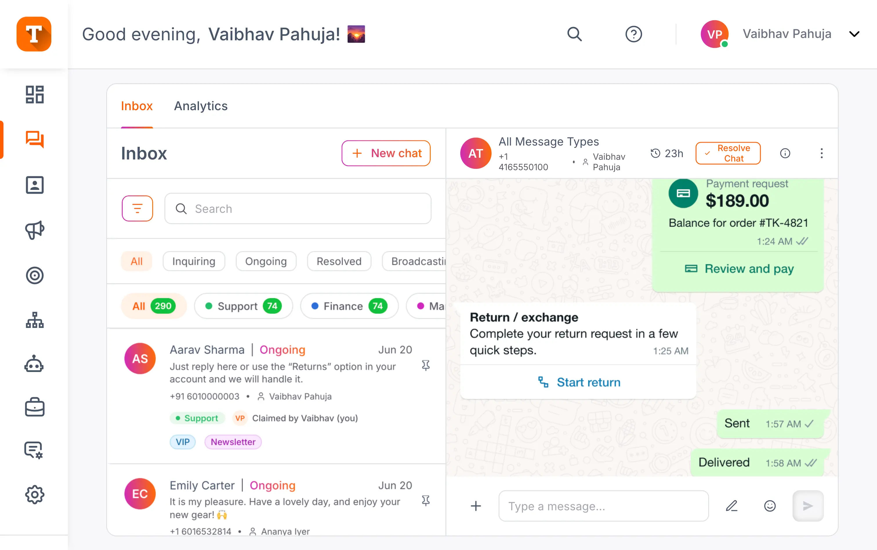 Shared WhatsApp team inbox in Transket with live chats, payment requests, and department routing