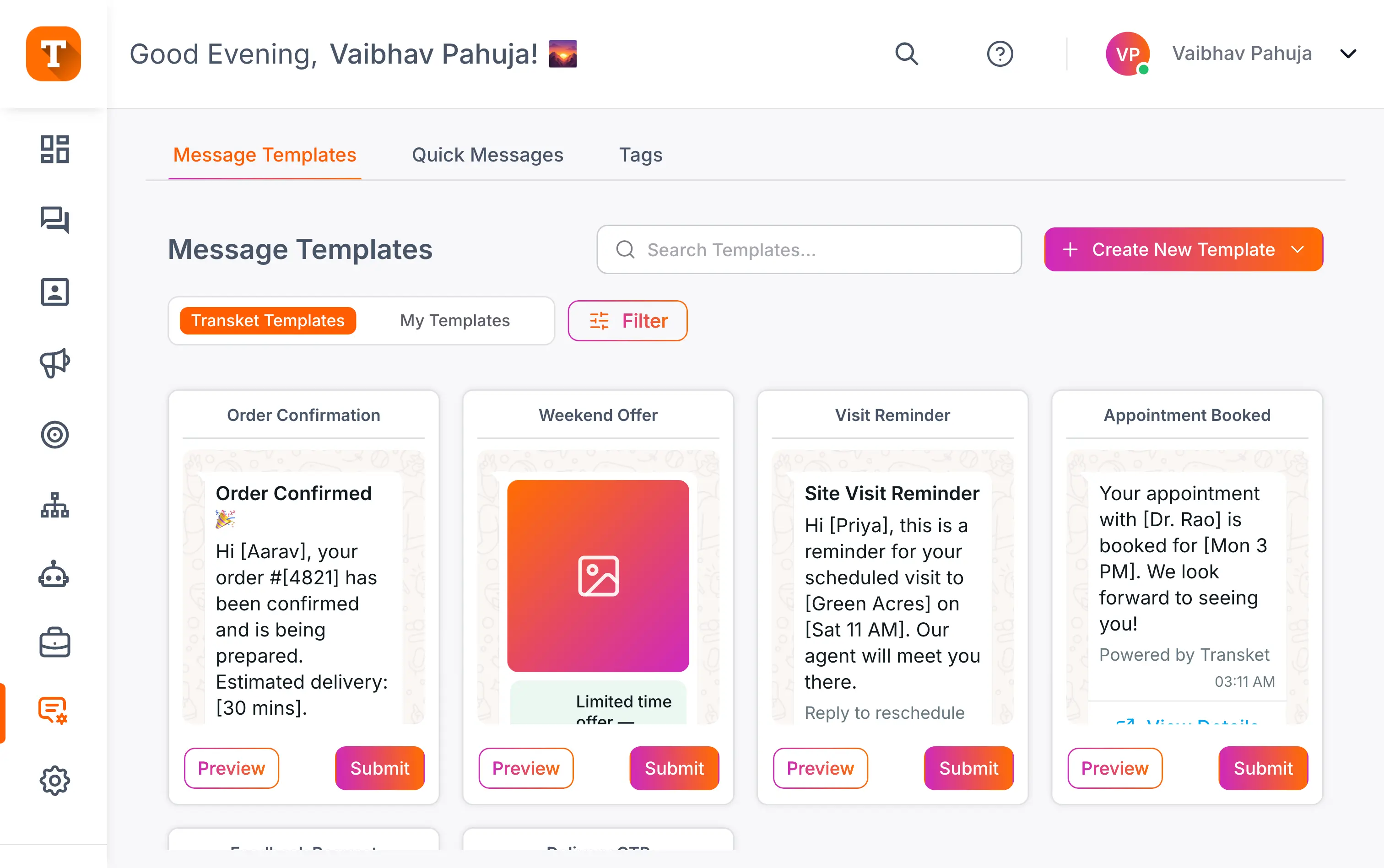 WhatsApp message template library in Transket with approved marketing and utility templates