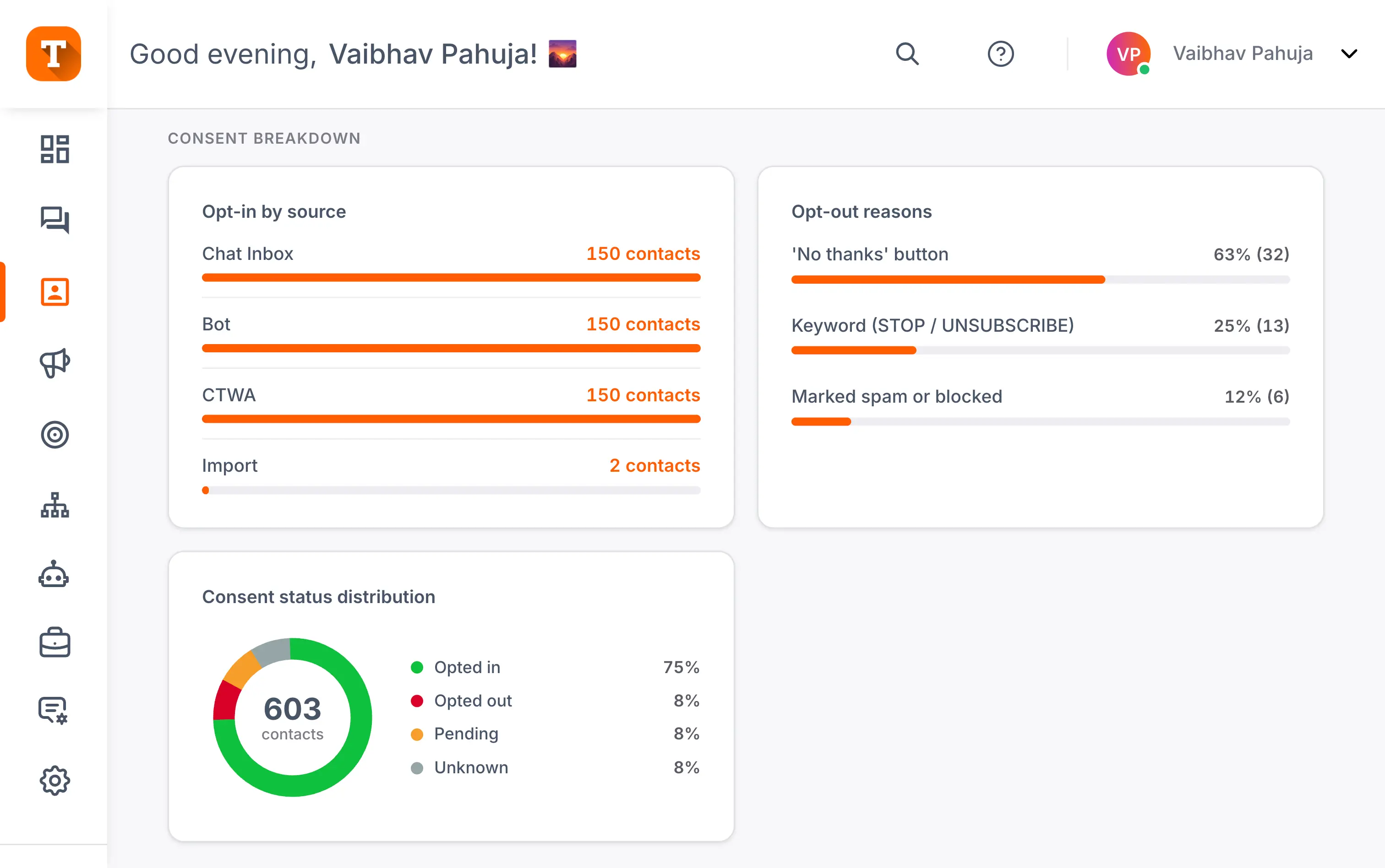 Unified Consent Management for WhatsApp in Transket with opt-in sources, opt-out reasons, and status