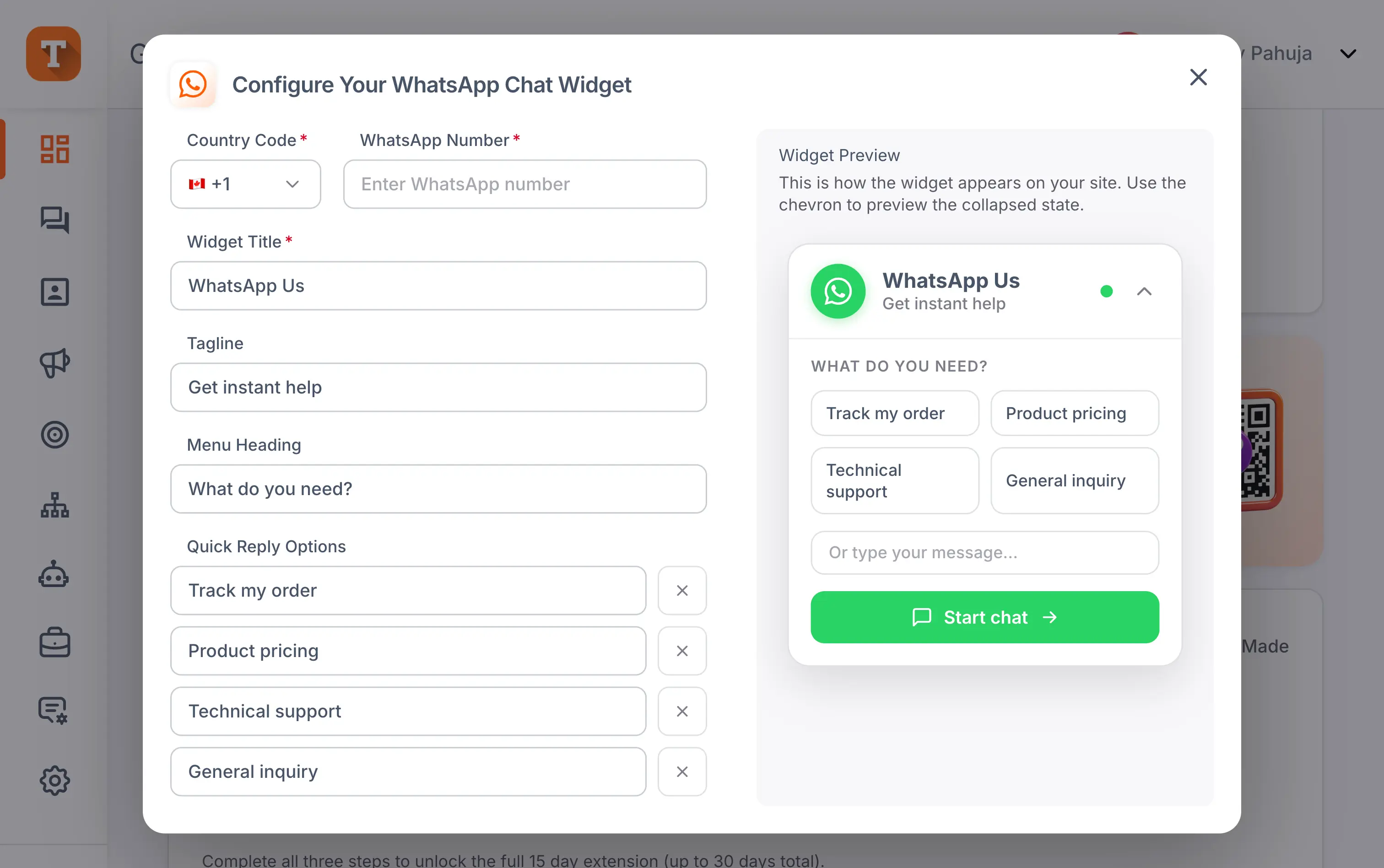 WhatsApp chat widget builder in Transket with quick reply buttons and a live preview for your website