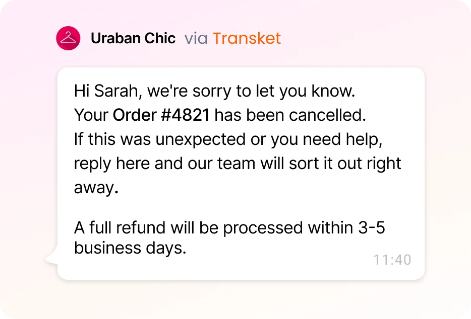 Order cancelled notice on WhatsApp