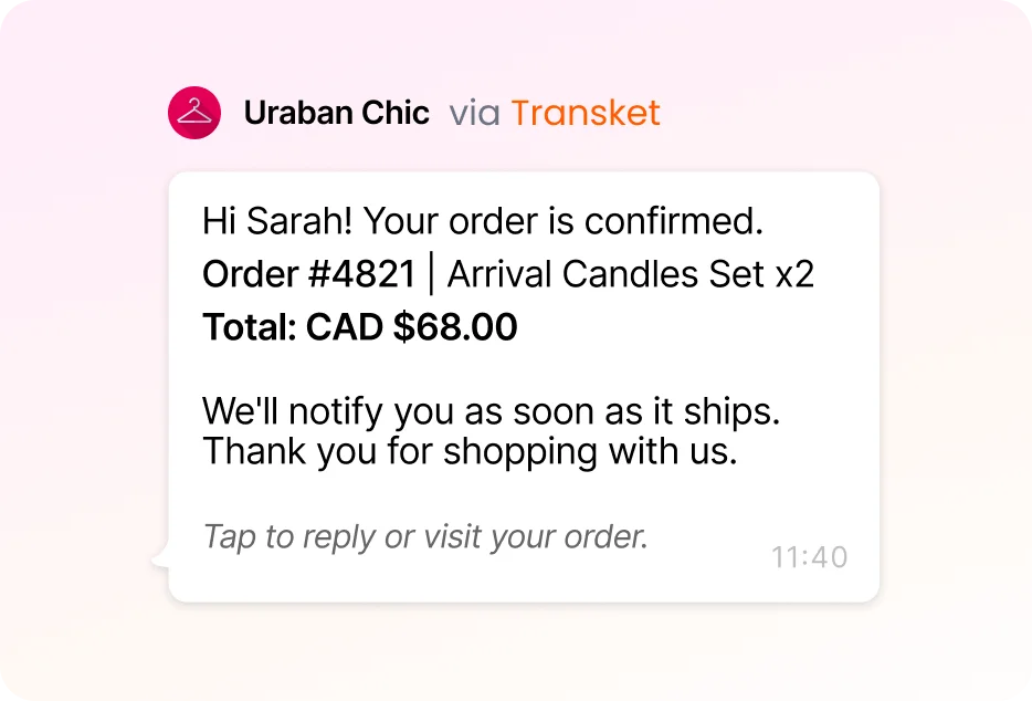 Order placed confirmation on WhatsApp